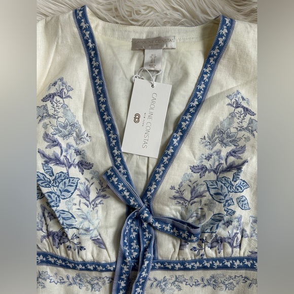 NWOT Caroline Constas Blue & White linen blend Tie Front Bell Sleeve Mini Dress - Picture 15 of 16